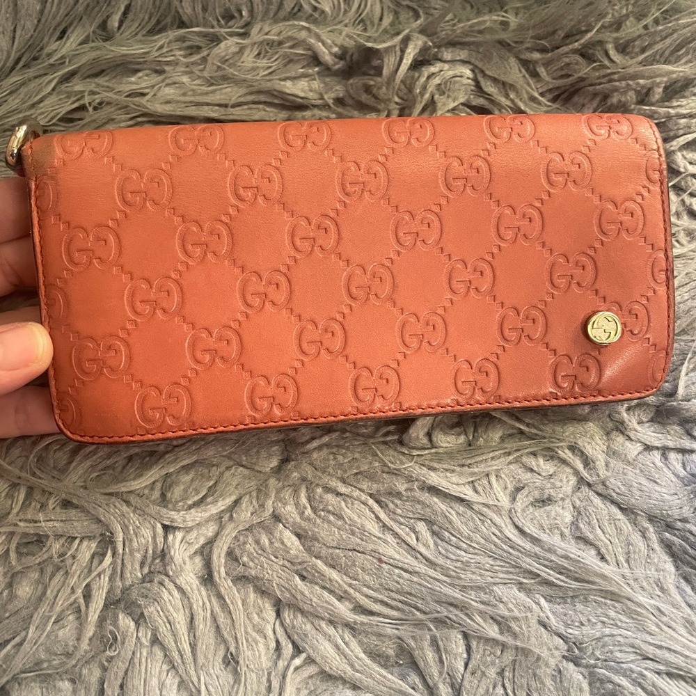 Gucci Salmon Pink Embossed GG Zip Clutch Wristlet with Silver GG Logo